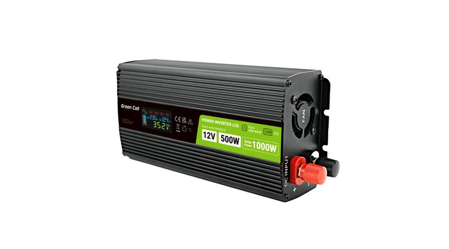 Invertor do auta Green Cell z 12V na 230V menič napätia (zosilňovač napätia) 500W/1000W Čistá sínusová vlna, s LCD displejom