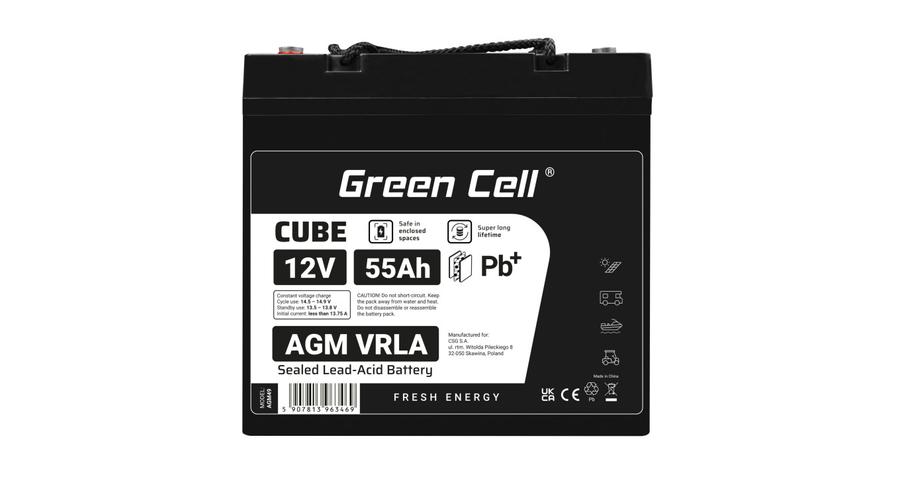 Green Cell CUBE AGM batéria IP54 12V 55Ah VRLA Gel hlboký cyklus, skúter, kosačka, loď, traktor